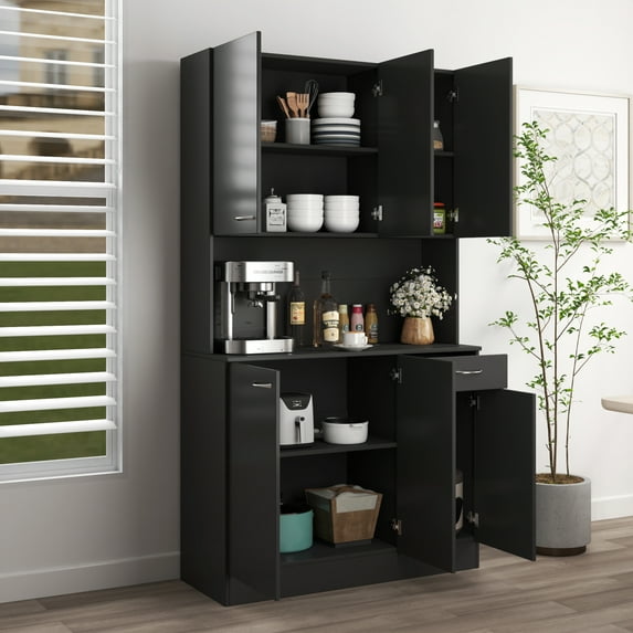 Euroco 70.87" Tall Wardrobe& Kitchen Cabinet, with 6-Doors, 1-Open Shelves and 1-Drawer for bedroom,Black