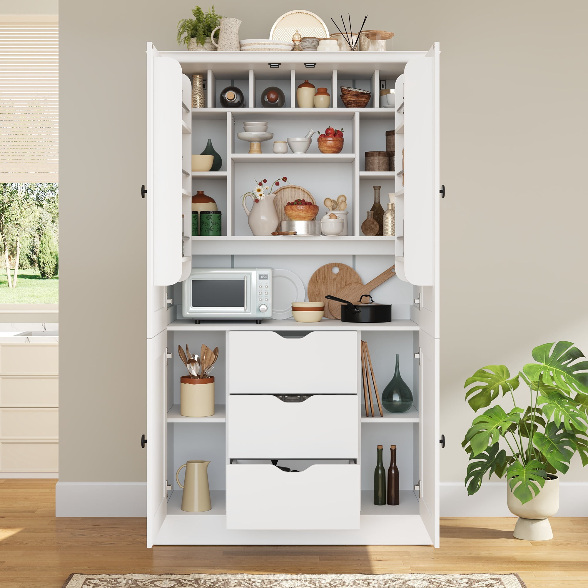 Euroco 70.9" Kitchen Pantry Cabinet with 3 Drawers, Farmhouse Tall Storage Cabinet with 6 Door Shelves, Removable Shelves and 6 Wine Racks,Freestanding Cupboard for Dining Room,White