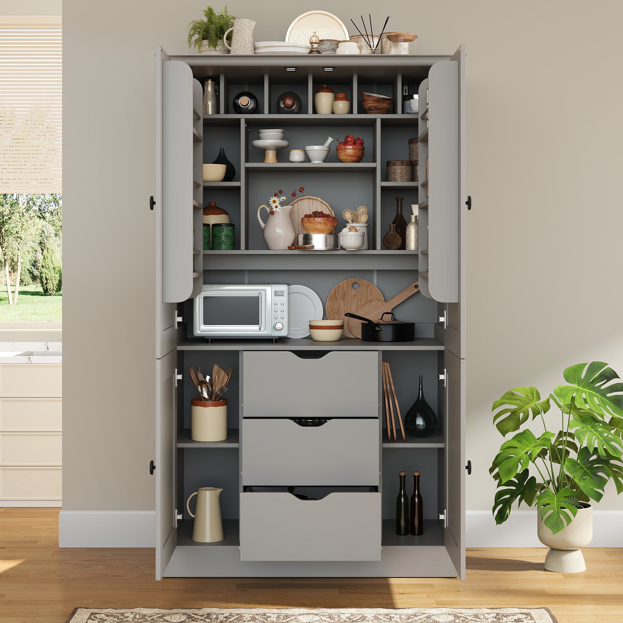 Euroco 70.9" Kitchen Pantry Cabinet with 3 Drawers, Farmhouse Tall Storage Cabinet with 6 Door Shelves, Removable Shelves and 6 Wine Racks,Freestanding Cupboard for Dining Room,Grey