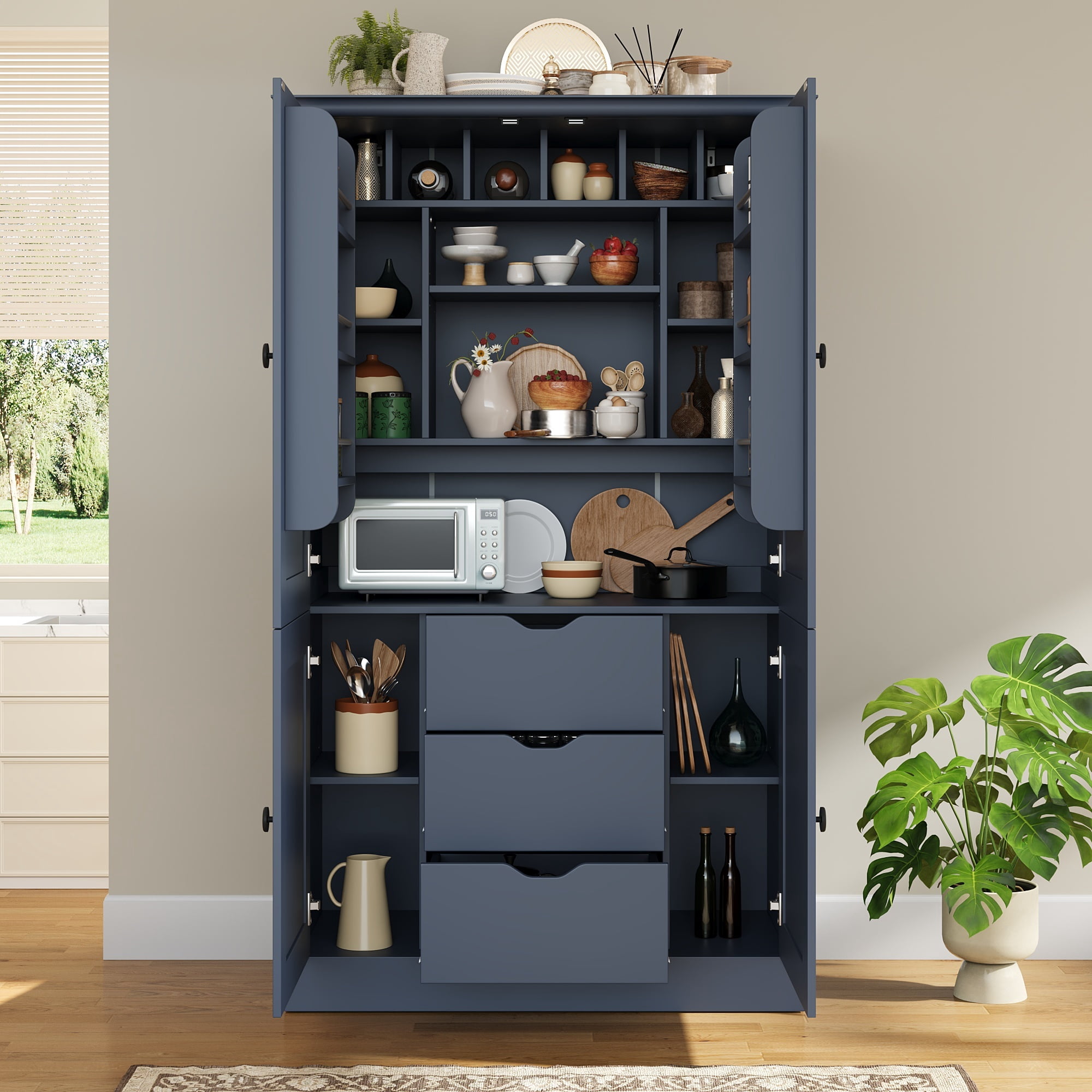 Euroco 70.9" Kitchen Pantry Cabinet with 3 Drawers, Farmhouse Tall Storage Cabinet with 6 Door Shelves, Removable Shelves and 6 Wine Racks,Freestanding Cupboard for Dining Room,Blue