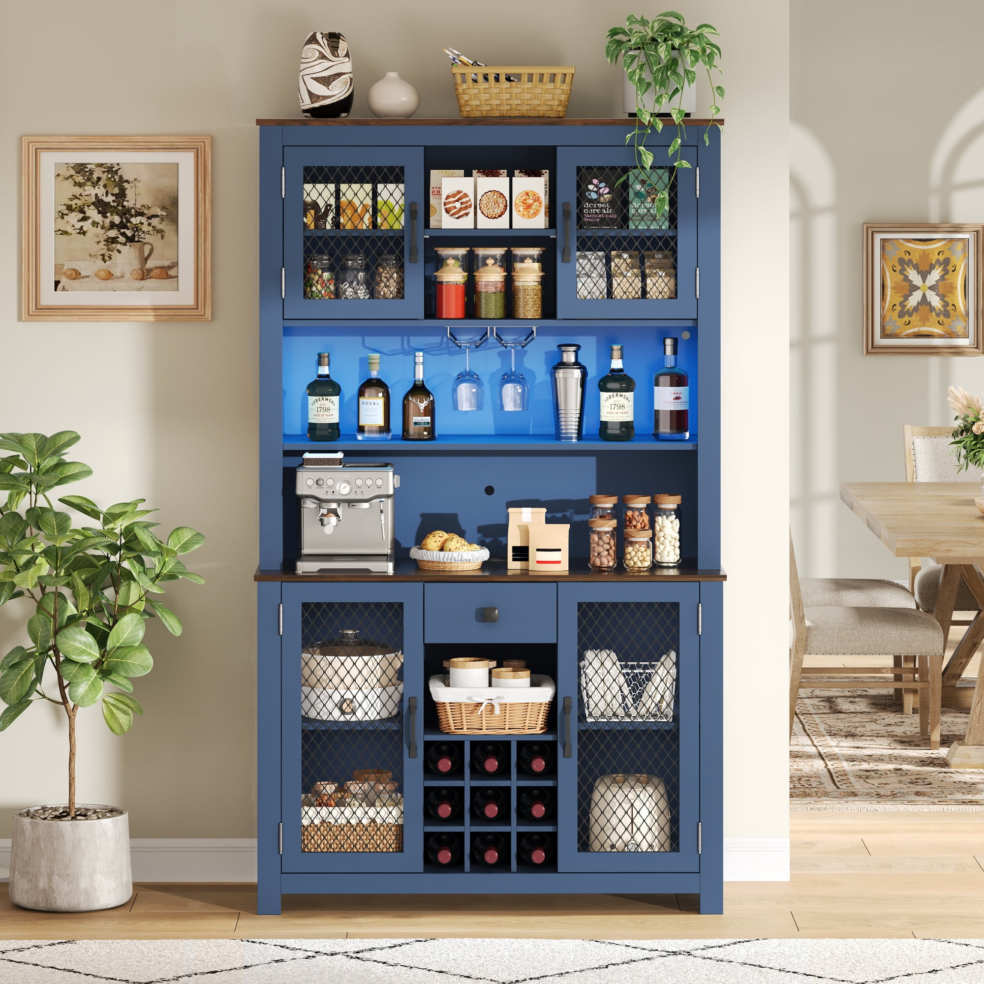Euroco 70.9" Kitchen Pantry Storage Cabinet Rustic Buffet Cabinet, Kitchen Hutch Cabinet with LED Outlets Food Pantry Cabinet with Doors and Shelves Wine Rack for Dining Room, Navy Blue