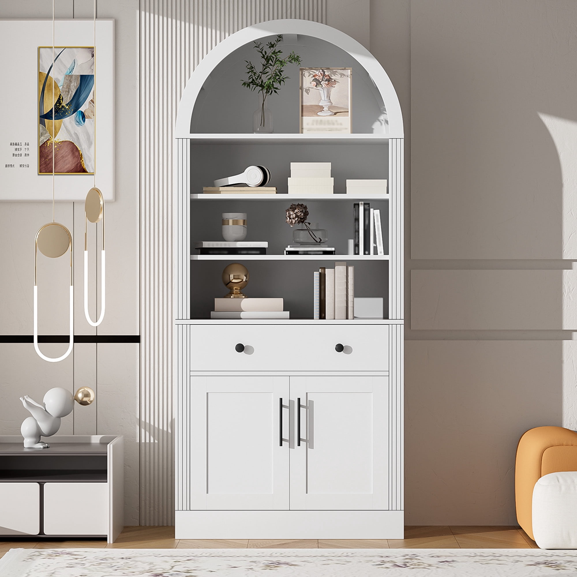 Euroco 70.9" Tall Arched Bookcase with Doors,Modern 6-Tier Bookshelves with Storage Drawer & Adjustable Shelves,Freestanding Kitchen Pantry Cabinet for Living Room,Home Office,White