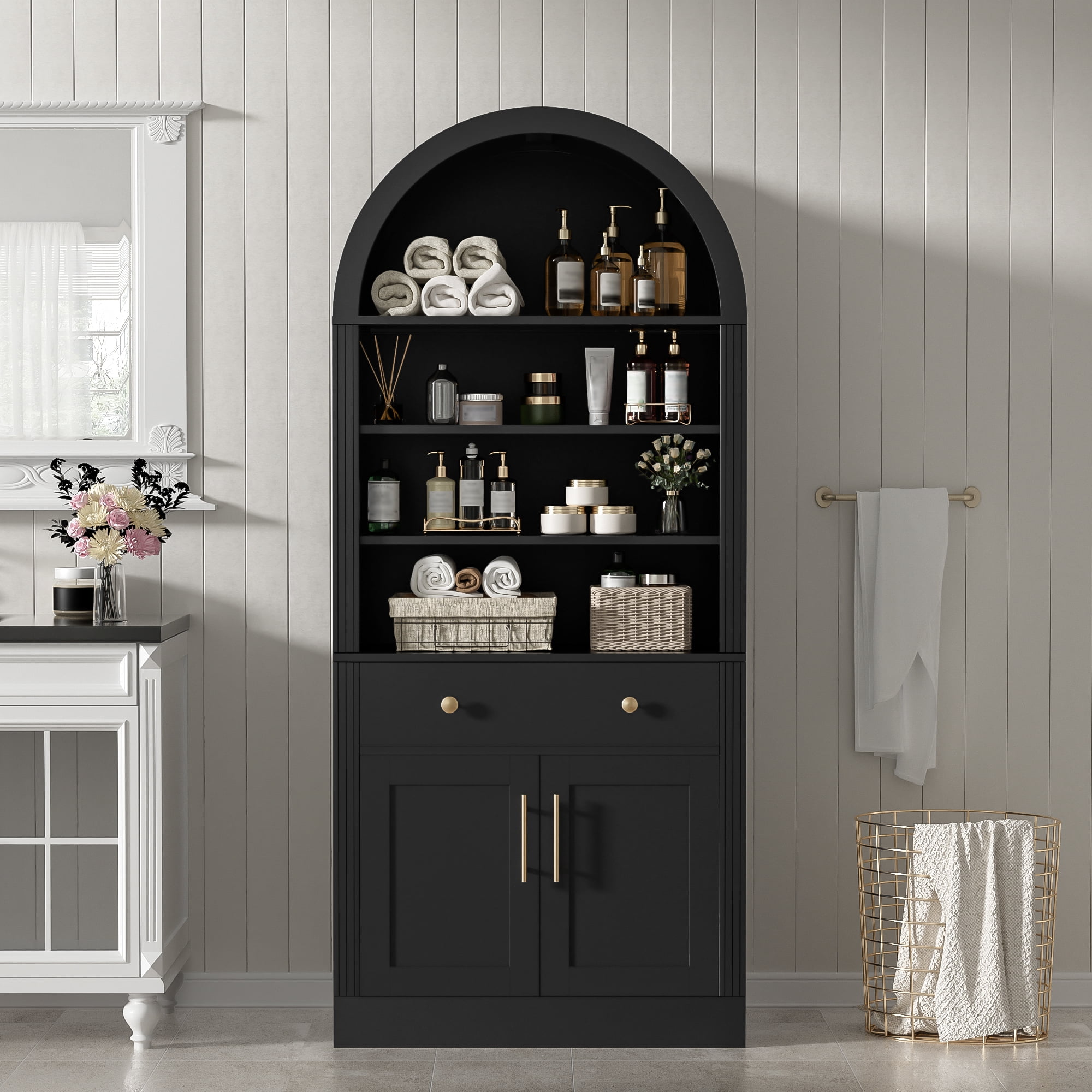 Euroco 70.9" Tall Arched Bookcase with Doors,Modern 6-Tier Bookshelves with Storage Drawer & Adjustable Shelves,Freestanding Kitchen Pantry Cabinet for Living Room,Home Office,Black