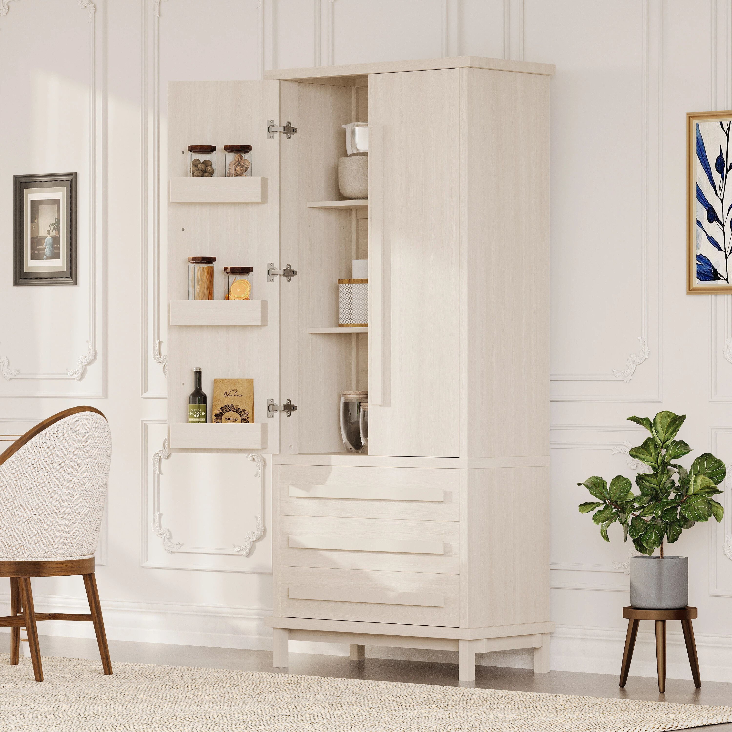 Euroco 70" Kitchen Pantry Cabinet,Large Food Storage Pantry Cabinet with 2 Cabinet Shelves,6 Door Shelves & 3 Drawers,Freestanding Tall Cupboard for Kitchen, Dining Room, Living Room, Bathroom,White