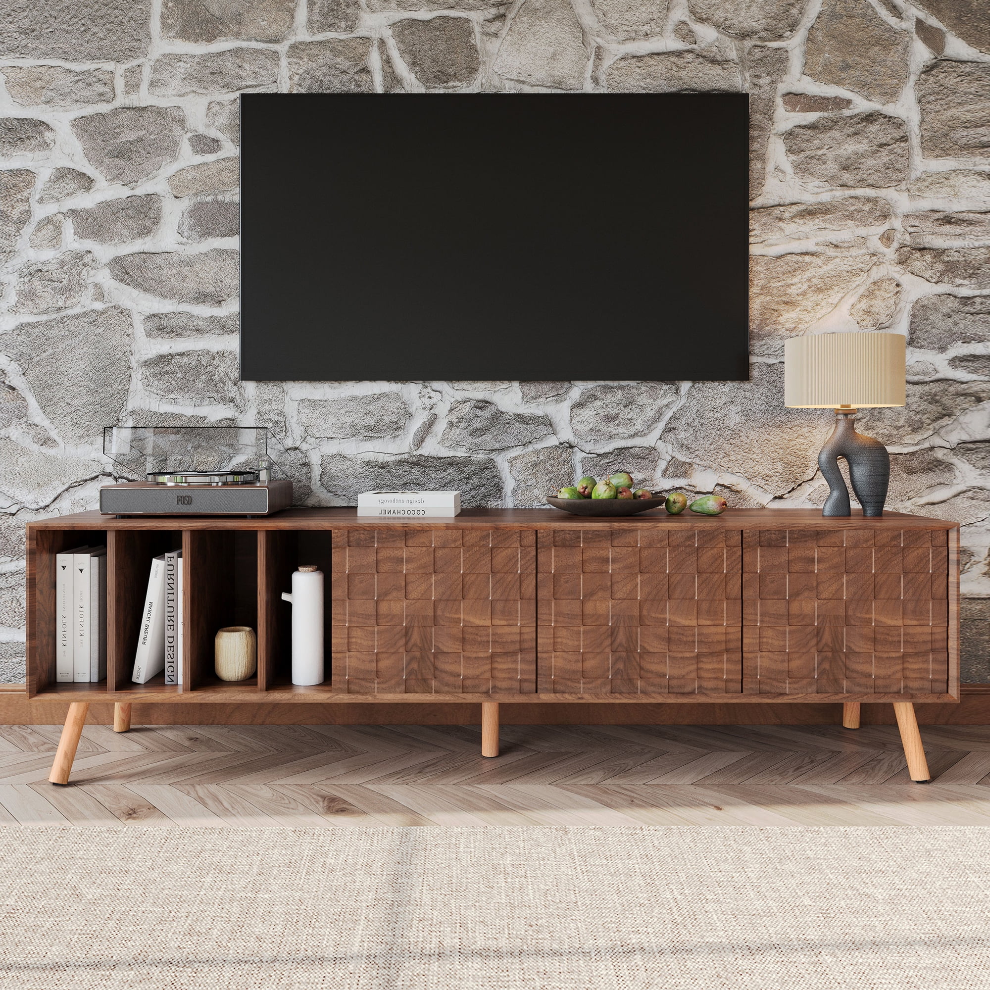 Euroco 70" Mid-Century Modern TV Stand, Media Console Table for TVs up to 80'', Entertainment Center with 5 Solid Wood Legs for Living Room, Bedroom