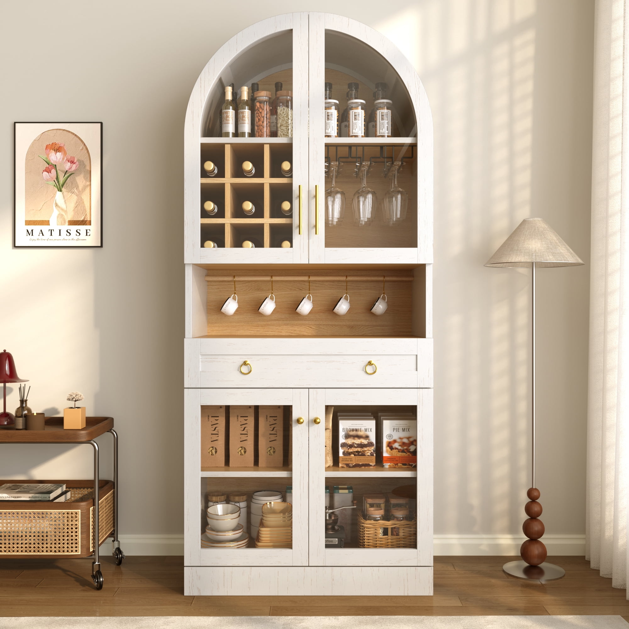Euroco 70" Tall Arched Bar Cabinet, Mid-Century Coffee Bar Cabinet with Glass Holders,Wine Racks,Adjustable Shelf & Storage Drawer,Kitchen Pantry with Glass Doors,Wine Liquor Cabinet for Home,White