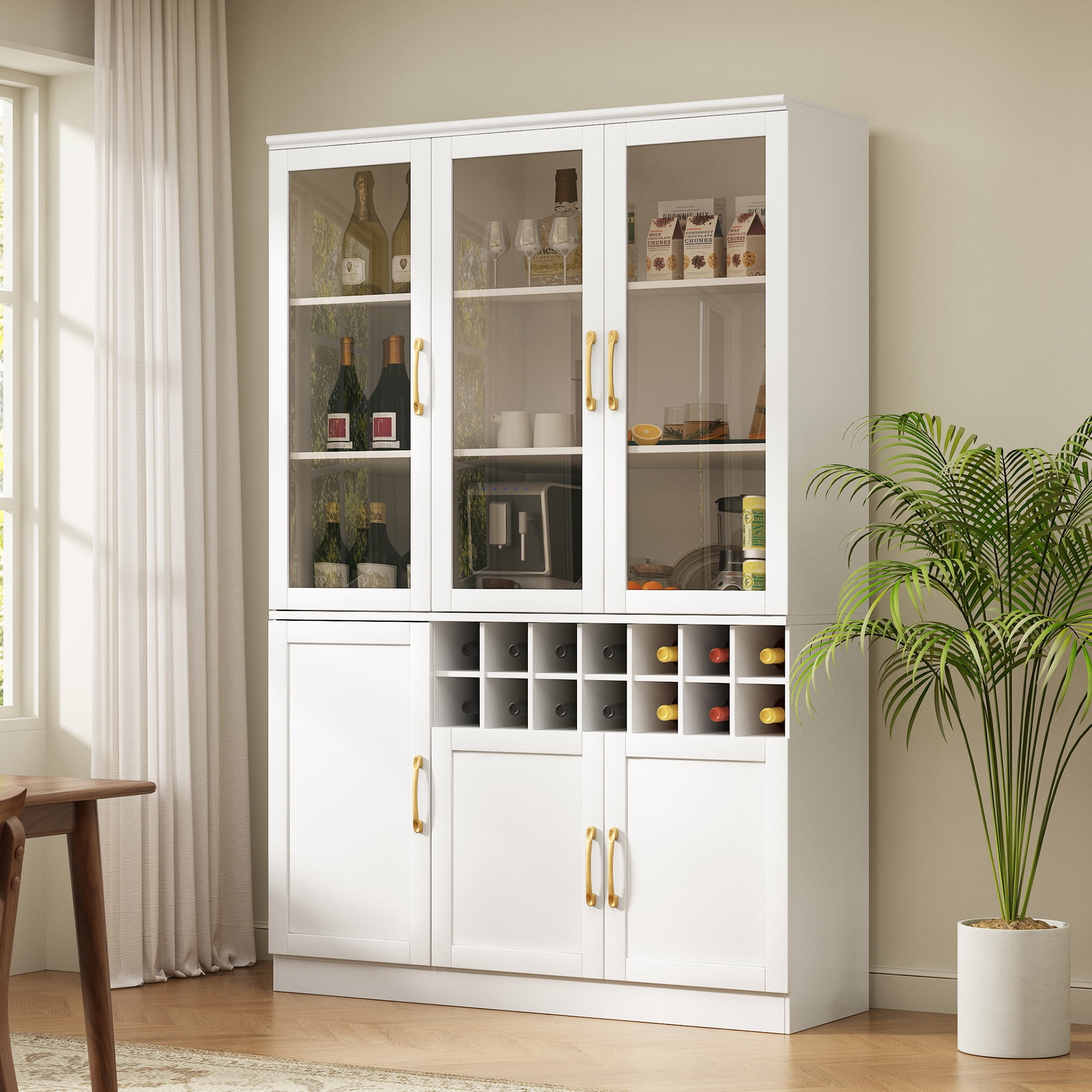 Euroco 70" Tall Wine Bar Cabinet with Glass Doors,Modern Coffee Liquor Cabinet with Removable 14-Bottle Wine Rack & Built-in Door Shelves,Large Pantry Cabinet for for Kitchen Dining Room,White