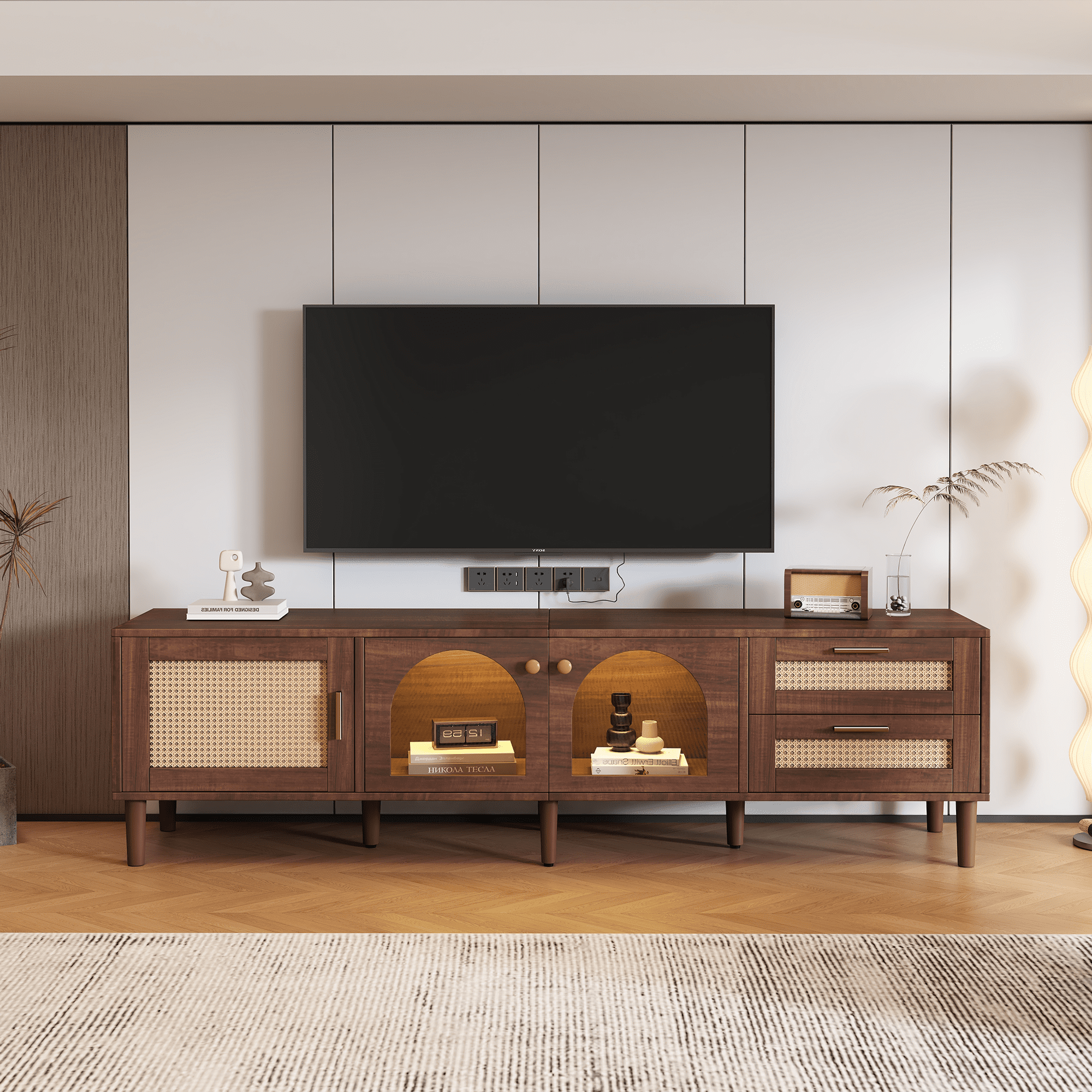Euroco 70 inch TV Stand for TVs up to 80", Entertainment Center with App Controlled LED Lights, 2 Drawers & Glass Door Storage, Modern Media Console for Living Room