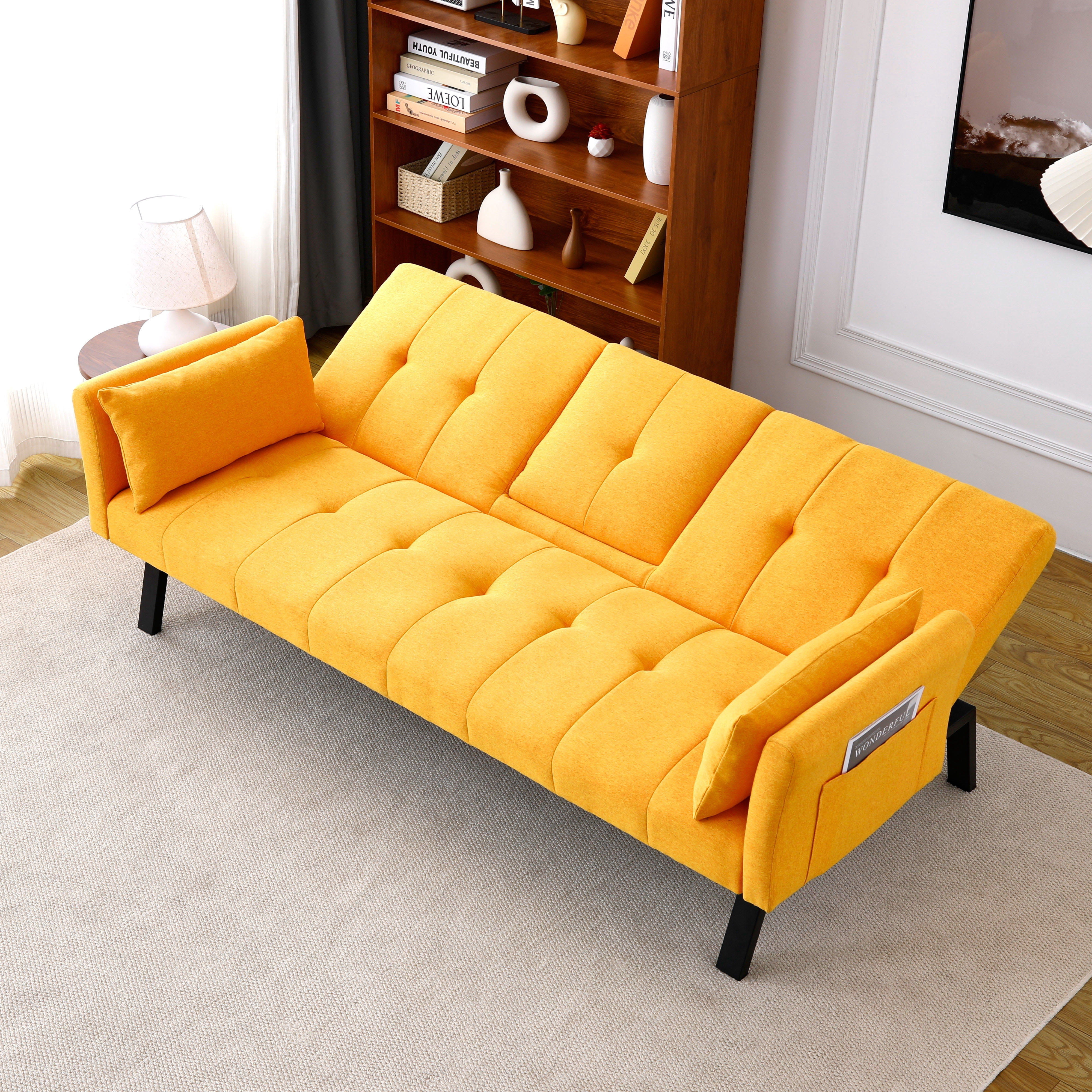 Euroco 70-inch multi-functional cotton and linen sofa bed: foldable + cup holder + side storage, instantly switch between living room and bedroom