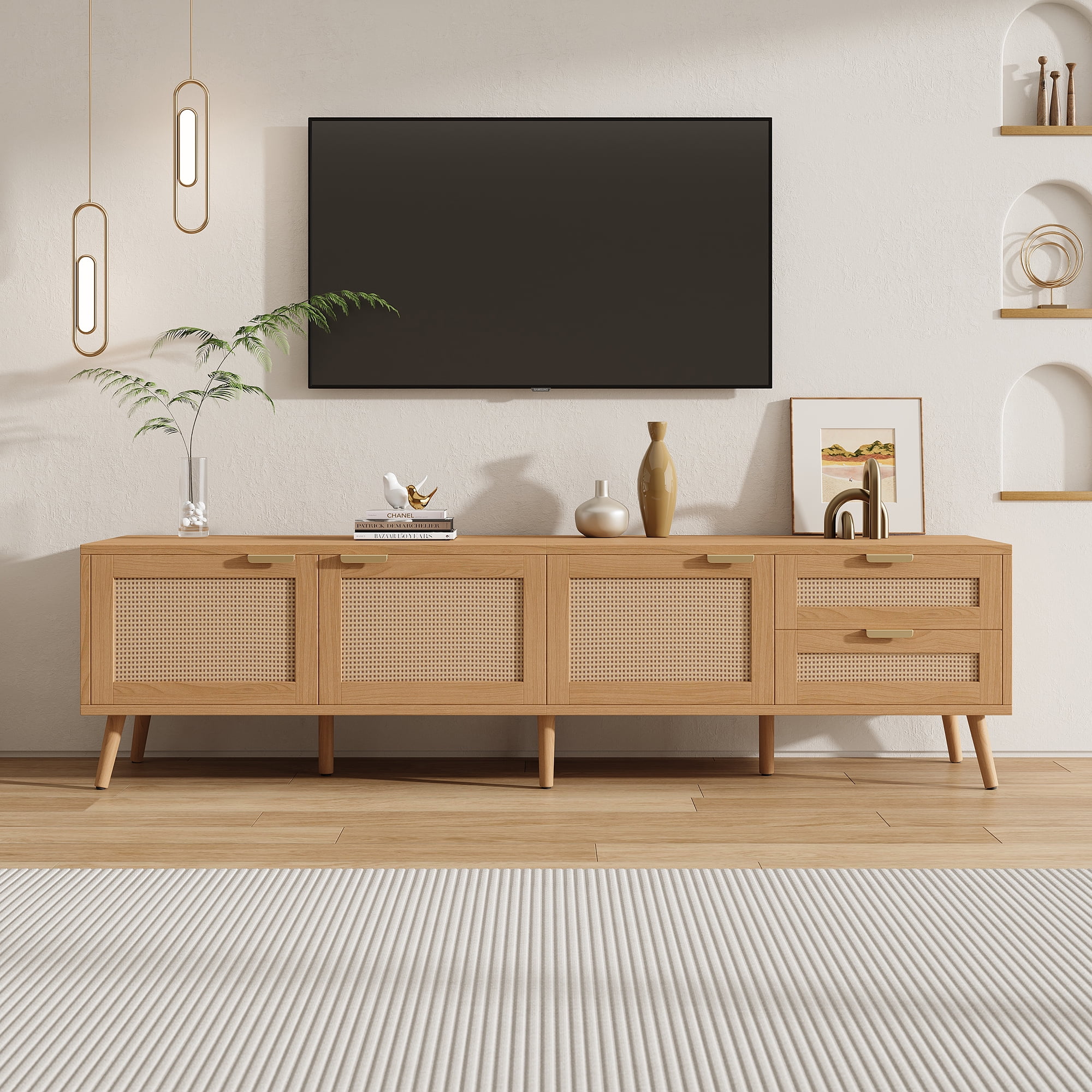 Euroco 70inch Modern TV Stand with Rattan Doors for TVs up to 80", Media Console with Storage Space, 2 Drawers & Cable Holes, Entertainment Center for Living Room