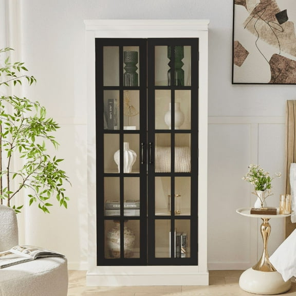 Euroco 71.2'' Freestanding Pantry Cabinet with Glass Door, Farmhouse Display Cabinets with Storage, Curio Cabinet with Lattice Window