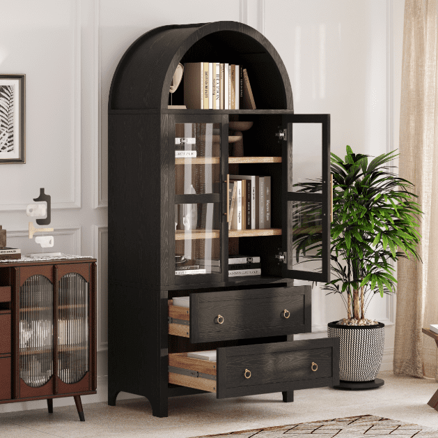 Euroco 71” Arched Storage Cabinet with Glass Doors, Adjustable Shelves and Drawers – Freestanding Farmhouse Display Cabinet for Living Room, Kitchen, or Bathroom