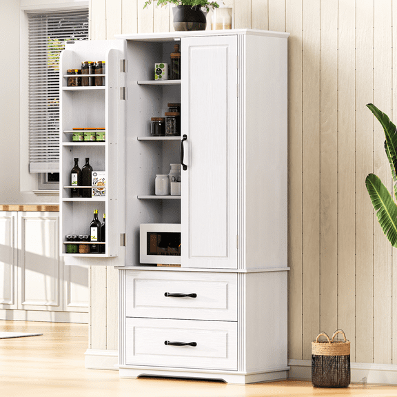 Euroco 71'' Farmhouse Kitchen Pantry Cabinet with 2 Large Drawers, Adjustable Shelves & Embossed Doors