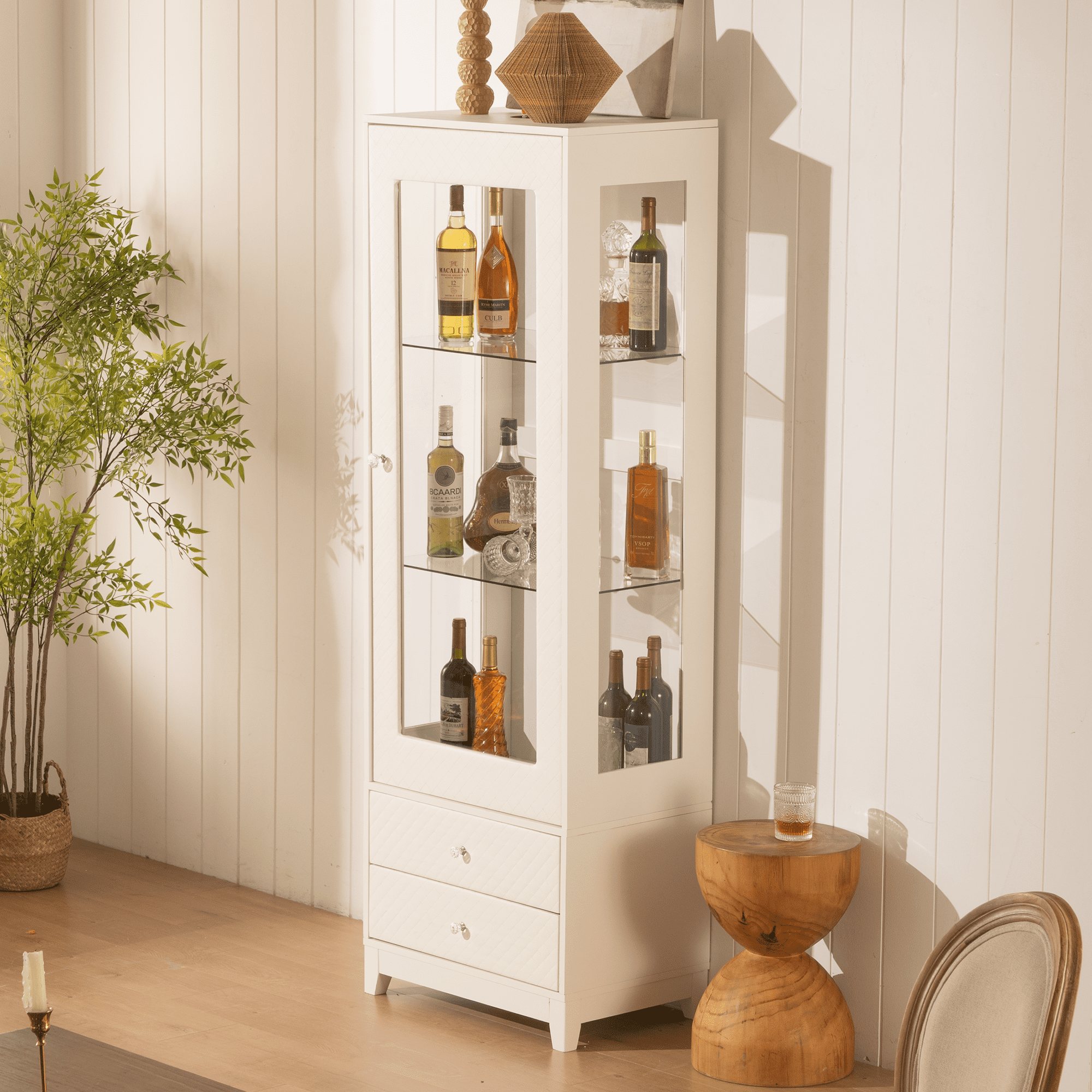 Euroco 71'' Freestanding Display Cabinet with 2 Storage Drawers, Upholstered Pantry with Ceiling Light,Wine Cabinet with Glass Door and Adjustable Shelves