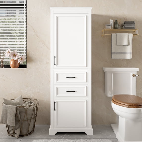Euroco 71-inch tall freestanding bathroom vanity with damping-hinge doors and drawers, featuring a modern elegant design. Includes adjustable shelves, a fixed shelf, and space-saving storage.