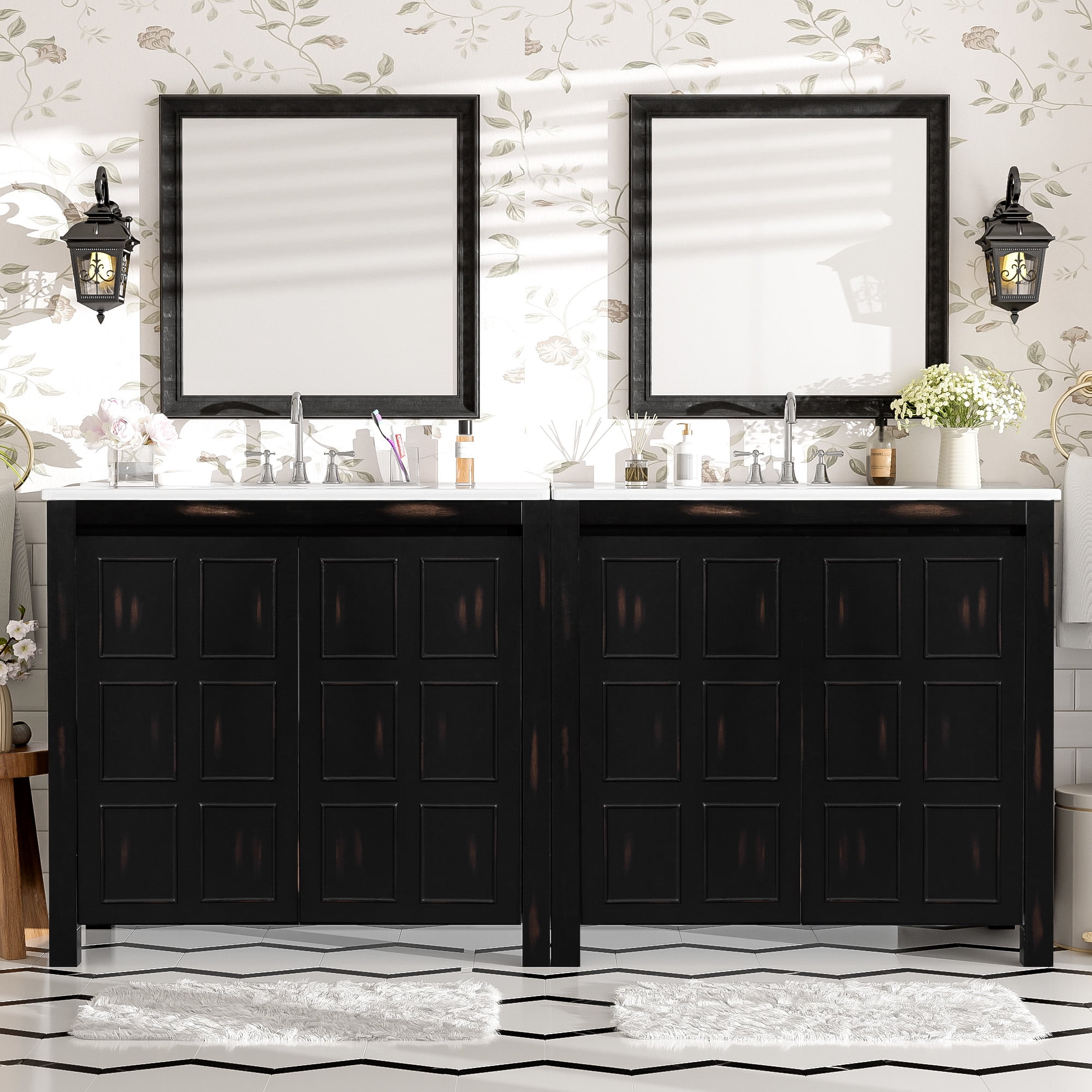 Euroco 72" Bathroom Vanity Set with Double Vanities (Separate), Double Ceramic Sinks, Soft-Close Doors & Adjustable Shelf – Retro Espresso Storage