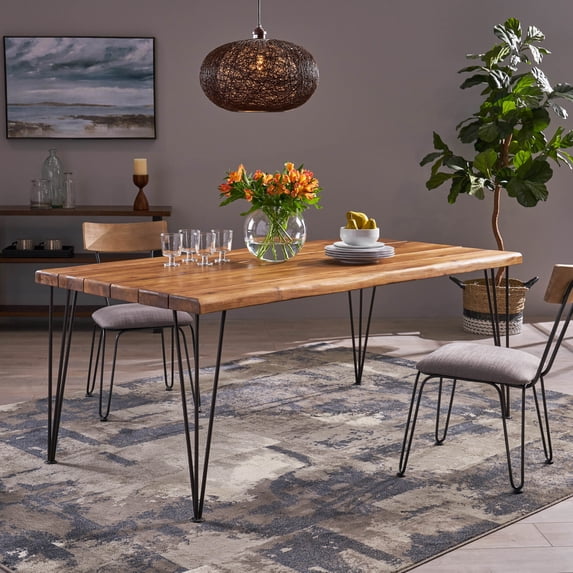 Euroco 72" Farmhouse Dining Table for 4-6, Large Rectangular Kitchen Table with Metal Legs for Dining Room, Home Office,Teak