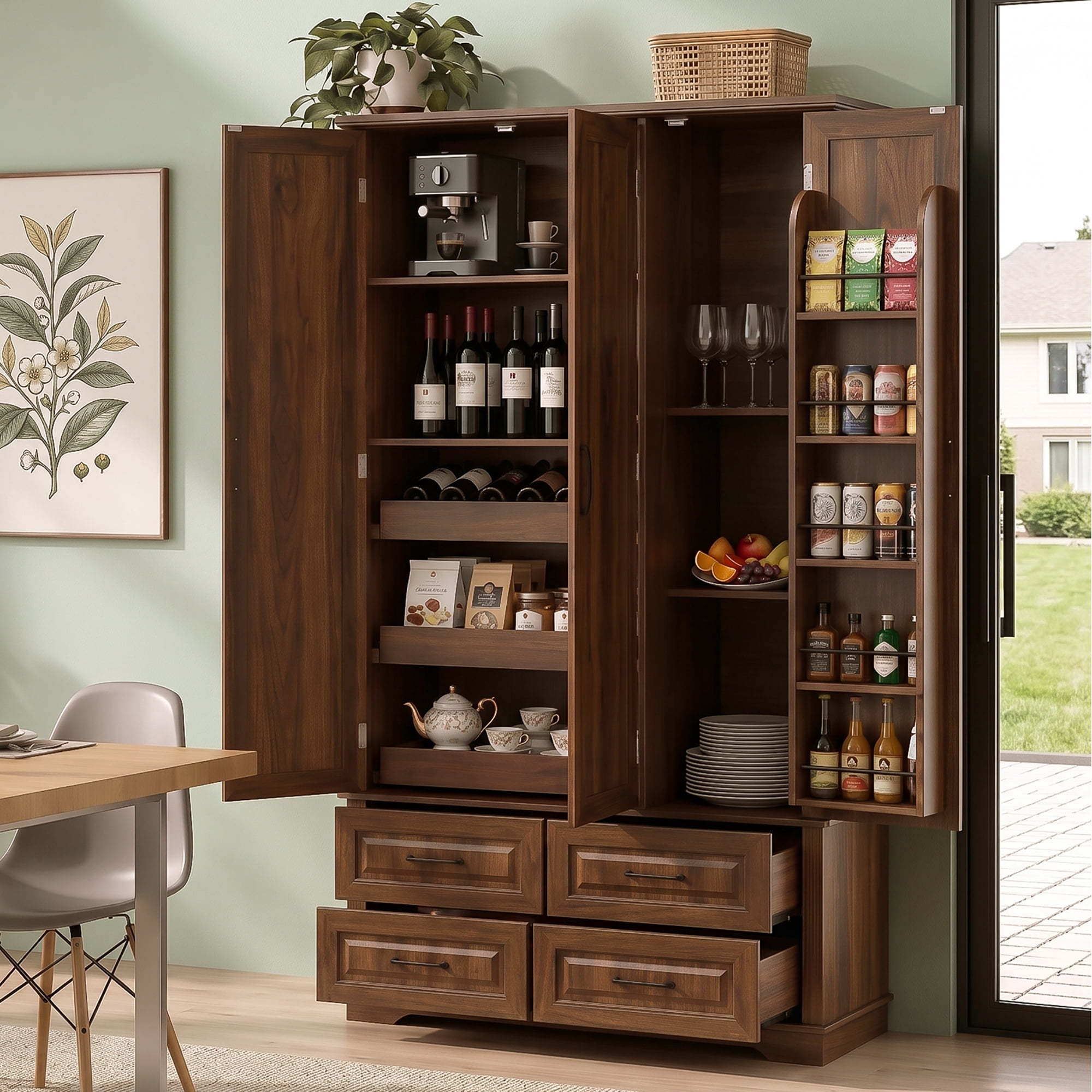 Euroco 72" Kitchen Pantry Storage Cabinet, Farmhouse Freestanding Cupboard Buffet with 3 Pull Out Tray, 5 Door Racks,4 Drawers and 3 Doors for Dining Room,Walnut Brown