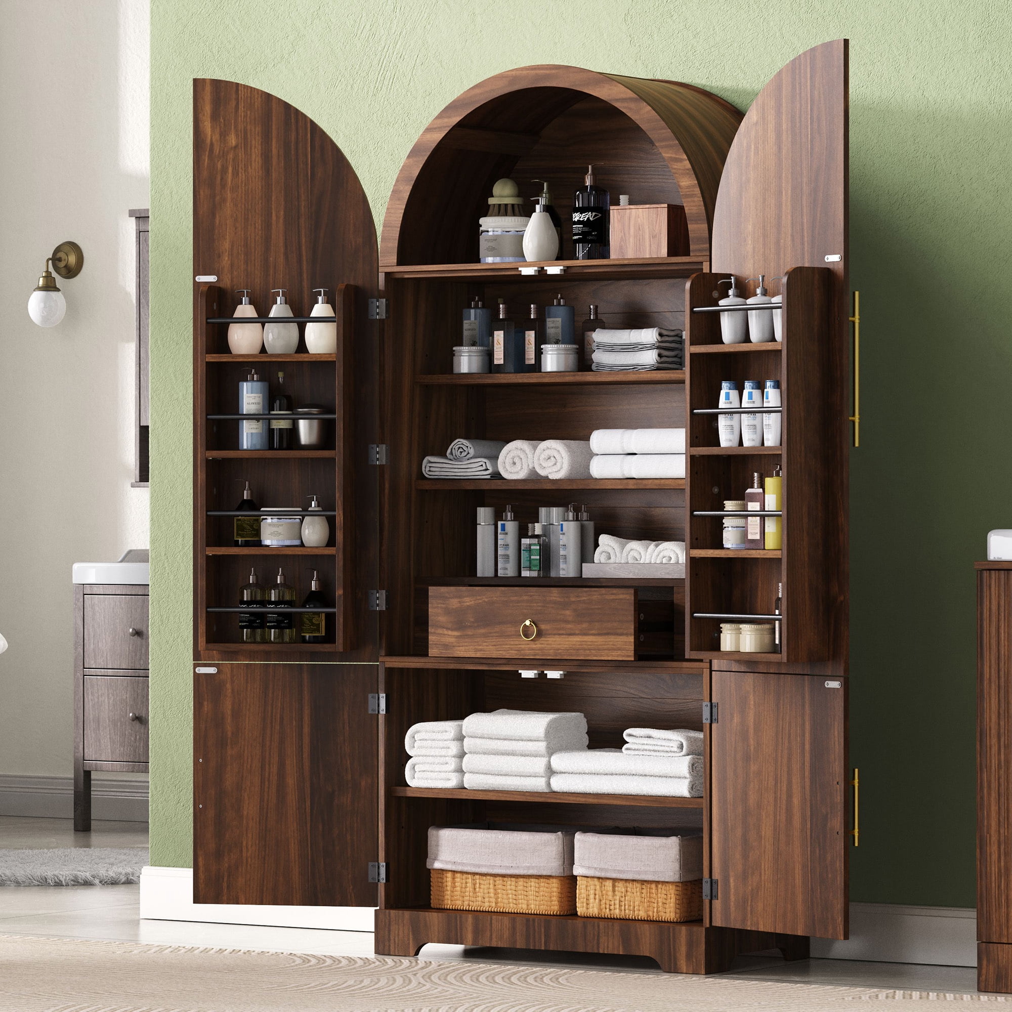 Euroco 72" Tall Arched Kitchen Pantry Cabinet,Fluted Wood Storage Cabinets with 3 Adjustable Shelves, Hidden Drawer & 8 Door Shelves,Versatile Cupboard Organizer for Kitchen Dining Room, Brown