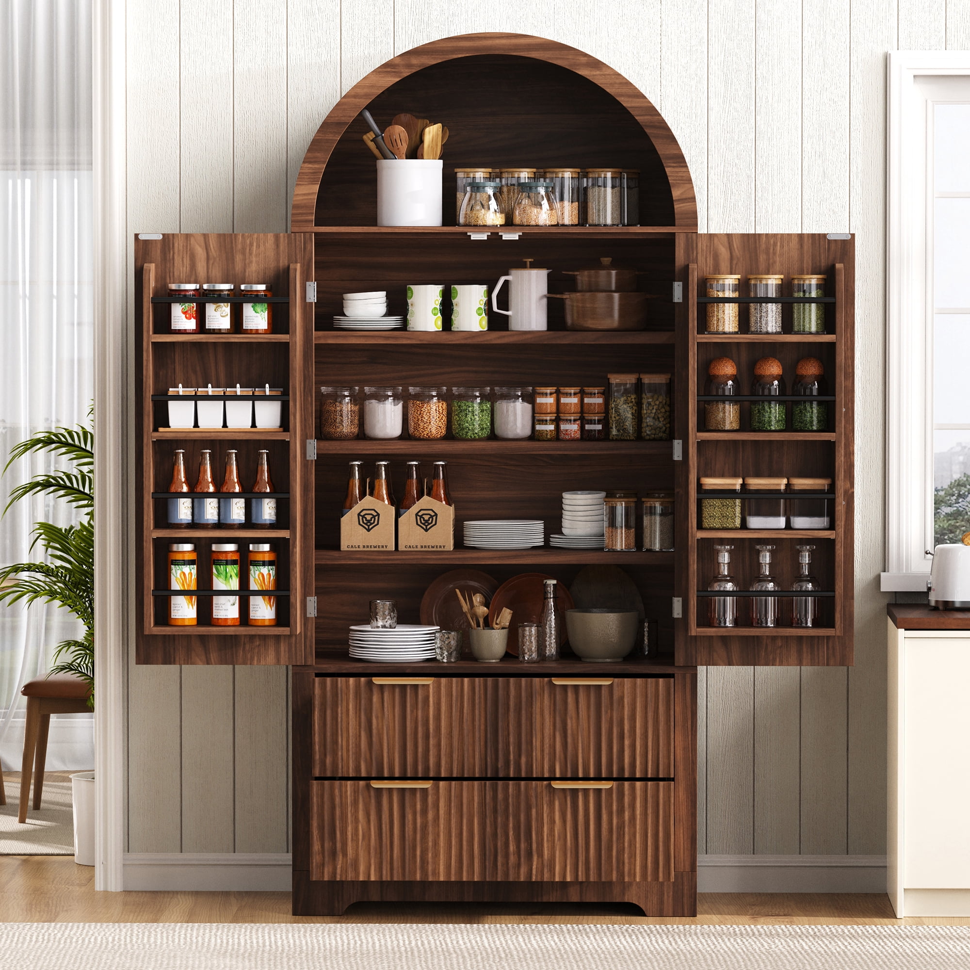 Euroco 72" Tall Arched Kitchen Pantry Cabinet, Wood Kitchens Storage Cabinets with 2 Large Drawers & 8 Adjustable Door Shelves,Mid Century Modern Cupboard Organizer for Dining Room,Walnut