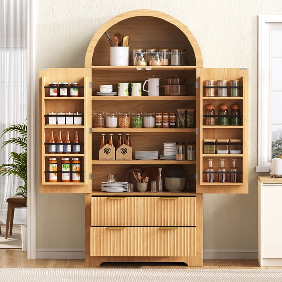 Euroco 72" Tall Arched Kitchen Pantry Cabinet, Wood Kitchens Storage Cabinets with 2 Large Drawers & 8 Adjustable Door Shelves,Mid Century Modern Cupboard Organizer for Dining Room,Natural