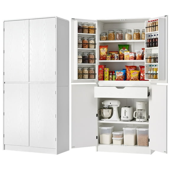 Euroco 72" Tall Farmhouse Kitchen Pantry Cabinet with 8 Door Shelves, Curved Design Storage Cabinet with 3 Adjustable Shelves, Hidden Drawer, Versatile Cupboard