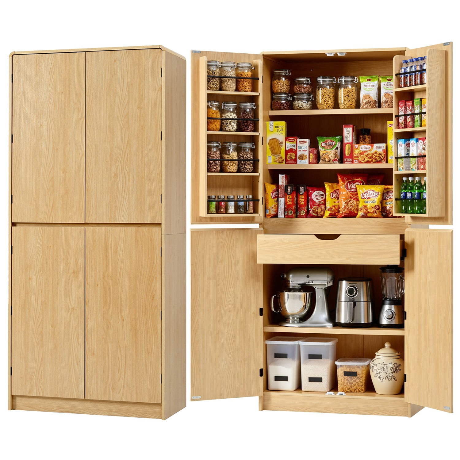Euroco 72" Tall Farmhouse Kitchen Pantry Cabinet with 8 Door Shelves, Curved Design Storage Cabinet with 3 Adjustable Shelves, Hidden Drawer, Versatile Cupboard