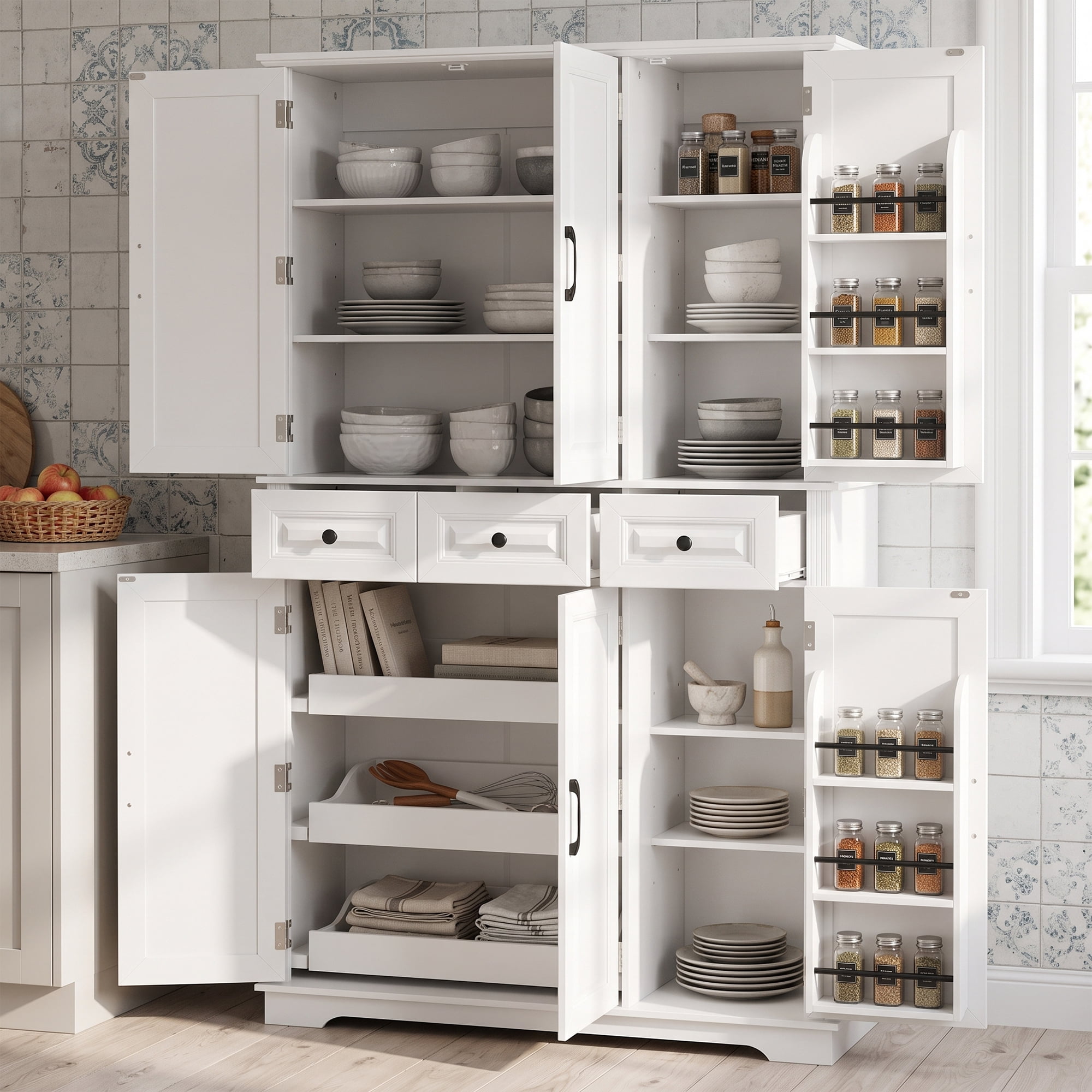 Euroco 72" Tall Kitchen Pantry Cabinet, Farmhouse Embossed Texture Cupboard Buffet with 3 Pull Out Tray, 6 Door Racks and 3 Drawers, Freestanding Storage Cabinet for Dining Room,White