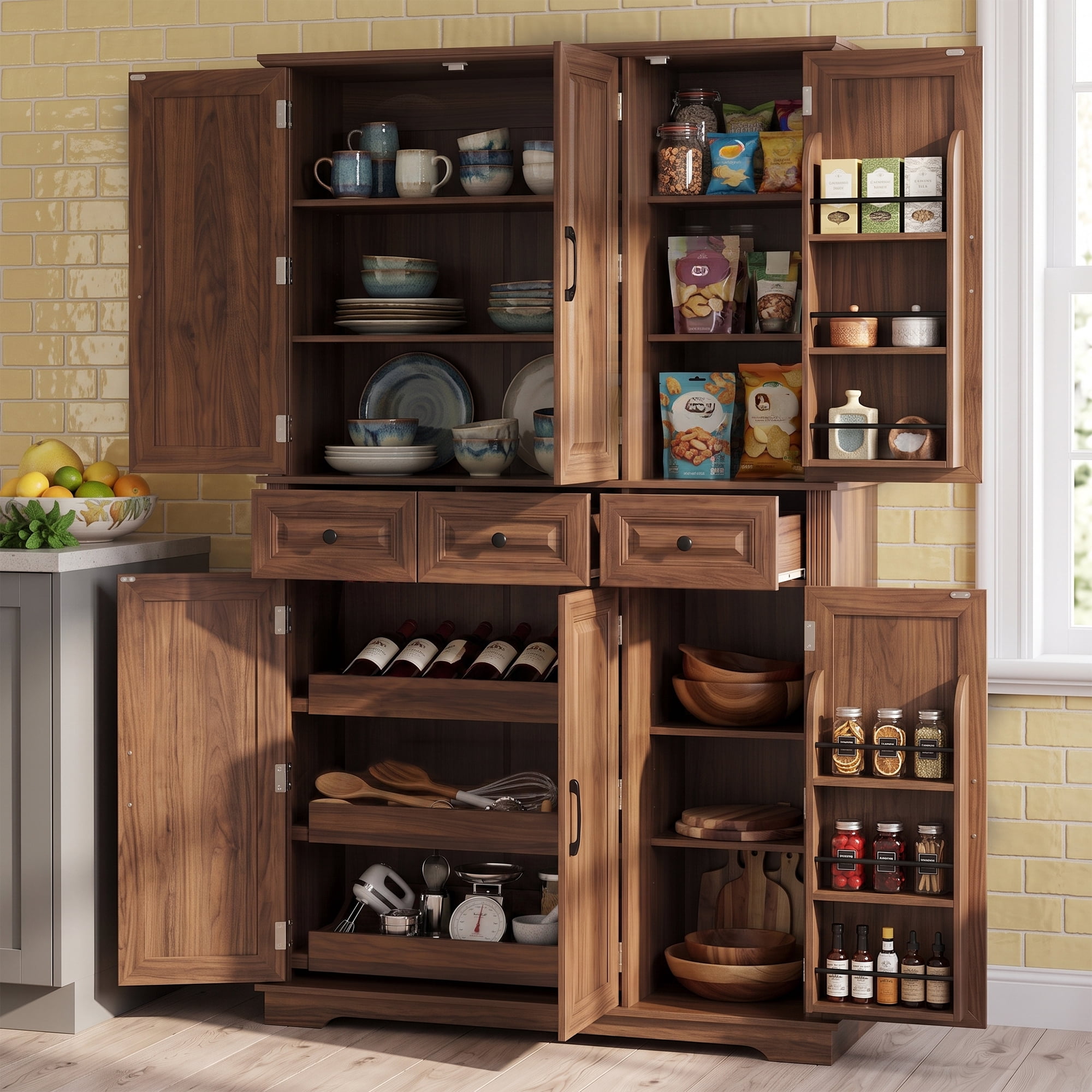 Euroco 72" Tall Kitchen Pantry Cabinet, Farmhouse Embossed Texture Cupboard Buffet with 3 Pull Out Tray, 6 Door Racks and 3 Drawers, Freestanding Storage Cabinet for Dining Room,Walnut Brown