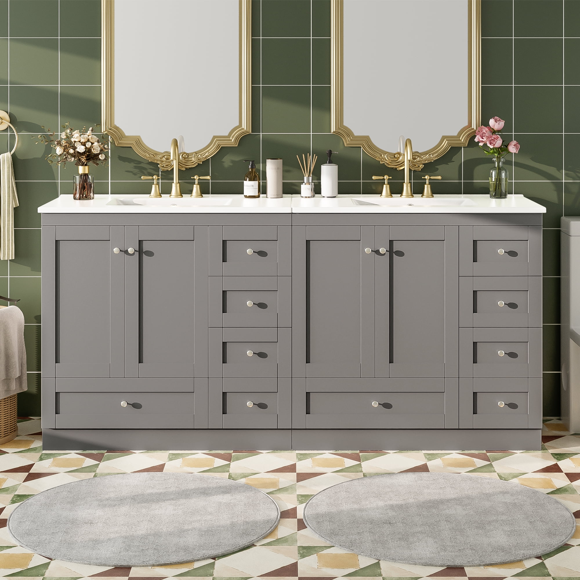 Euroco 72 inch Shaker Style Free-Standing Bathroom Vanity Cabinet with Ceramic Sink, Soft-close Drawers and Soft-close doors