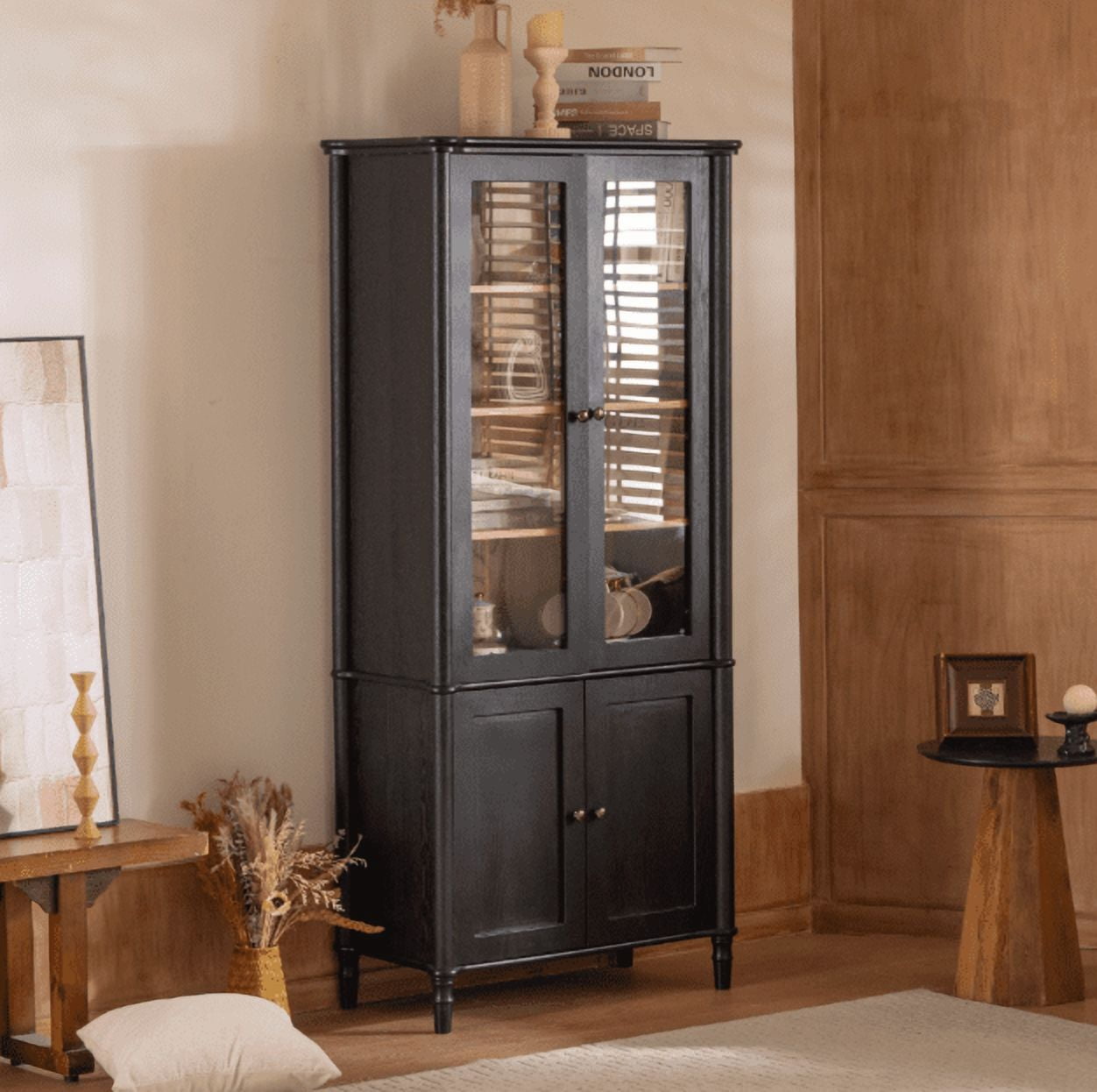 Euroco Vintage Display Cabinet with Storage Mid‑Century Modern Curio Cabinet Glass Doors 4 Adjustable Shelves Black Natural Two‑Tone 73.25 inch H