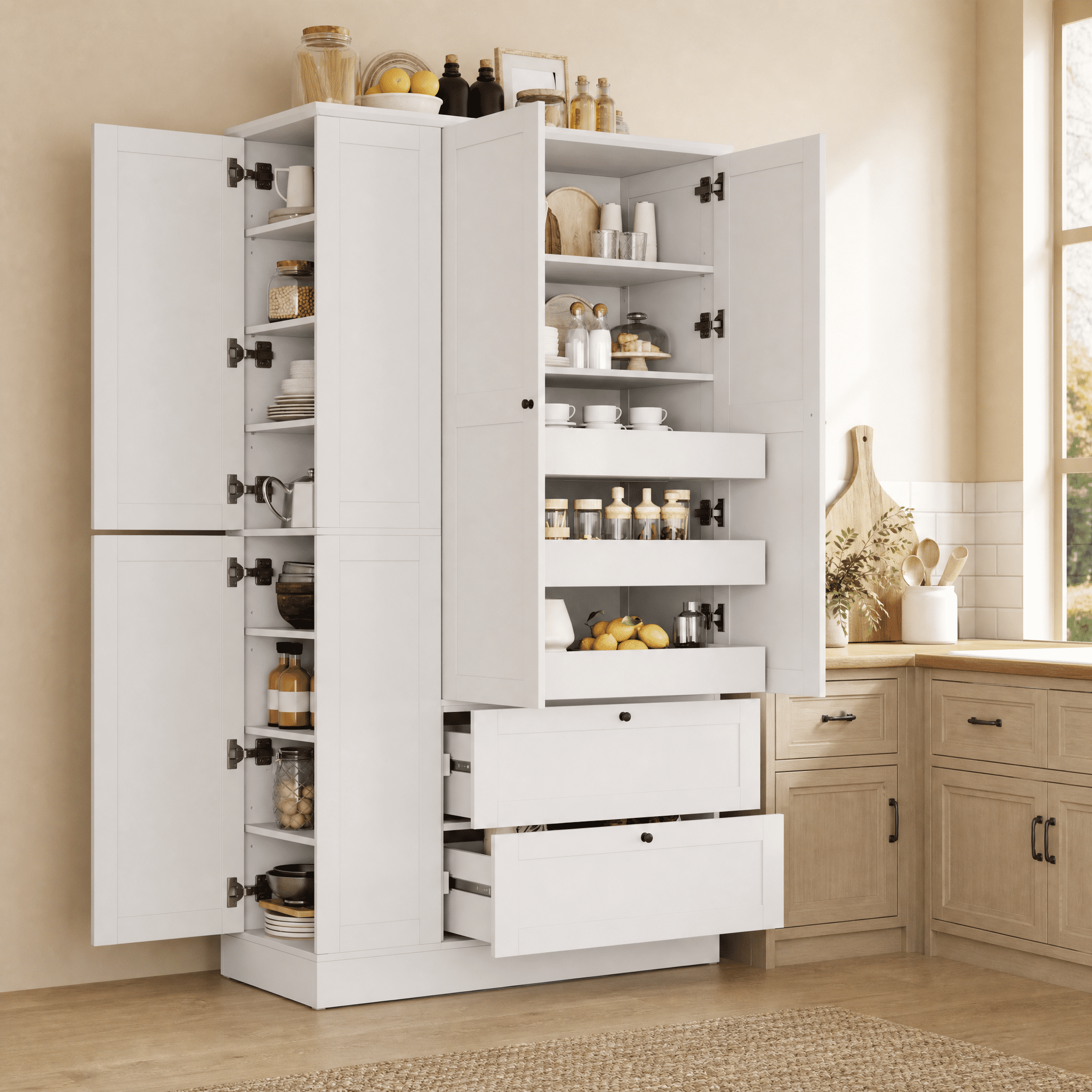 Euroco 73.6" Tall Farmhouse Kitchen Pantry Cabinet, Freestanding Hutch Cabinet with 2 Drawers, 3 Pull-Out Trays & Side Cabinets,Food Pantry for Dining Room,White