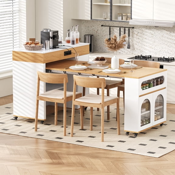 Euroco 73.8" Kitchen Island with Extendable Dining Table for 4, Rolling Mobile Center Islands with Storage, Charging Station, Drawers,Open Shelves & Brake lock,Kitchen Islands Cart for Dining Room