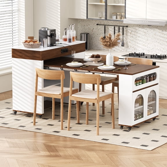 Euroco 73.8" Kitchen Island with Extendable Dining Table for 4, Rolling Mobile Center Islands with Storage, Charging Station, Drawers,Open Shelves & Brake lock,Kitchen Islands Cart for Dining Room