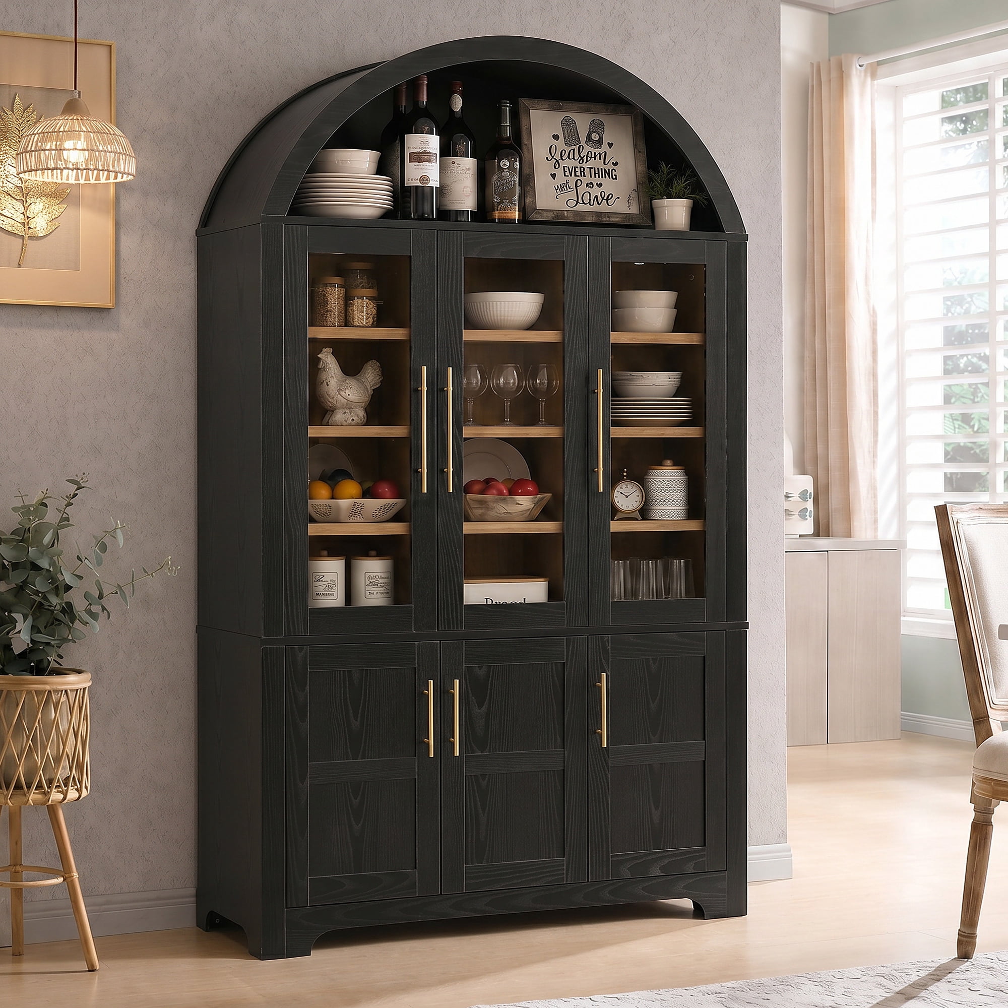 Euroco 73" Tall Arched Kitchen Pantry Cabinet,Farmhouse Wood Kitchen Storage Cabinet with 3 Glass Doors,Door Shelves & Adjustable Shelves,Freestanding Pantry Cupboard for Kitchen Bathroom,Black