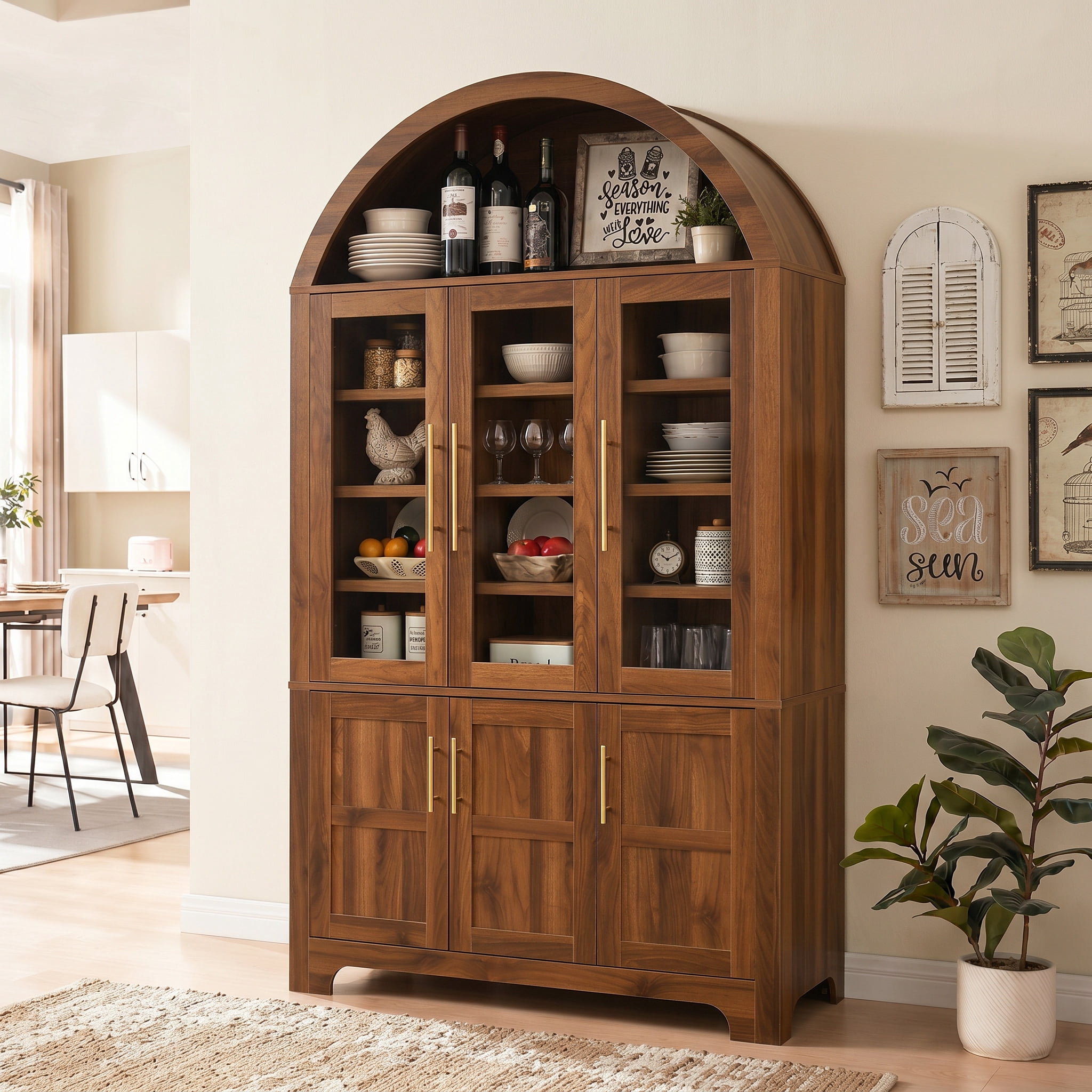 Euroco 73" Tall Arched Kitchen Pantry Cabinet,Farmhouse Wood Kitchen Storage Cabinet with 3 Glass Doors,Door Shelves & Adjustable Shelves,Freestanding Pantry Cupboard for Kitchen Bathroom,Walnut