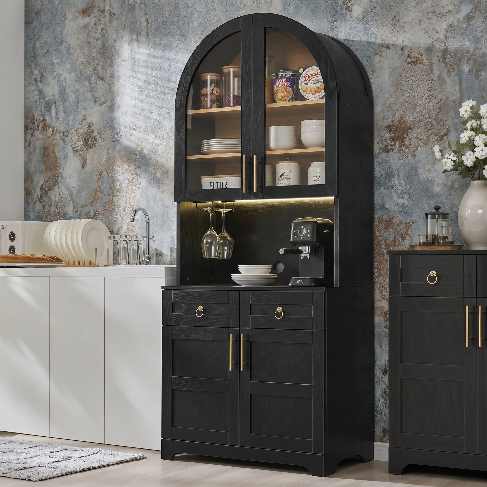Euroco 74.8" Tall Arched Kitchen Pantry Cabinet,Farmhouse Arched Kitchen Storage Hutch with Glass Doors,2 Drawers,Adjustable Shelves,Power Outlet & LED Light,Freestanding Tall Cupboard,Black