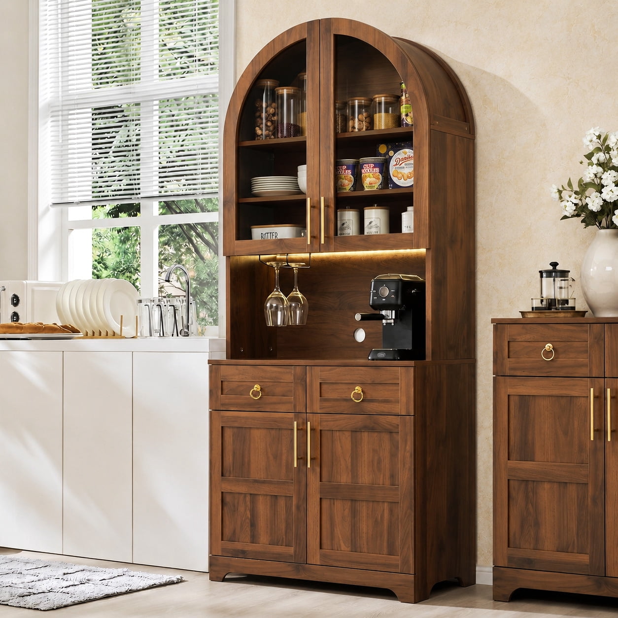 Euroco 74.8" Tall Arched Kitchen Pantry Cabinet,Farmhouse Arched Kitchen Storage Hutch with Glass Doors,2 Drawers,Adjustable Shelves,Power Outlet & LED Light,Freestanding Tall Cupboard,Walnut