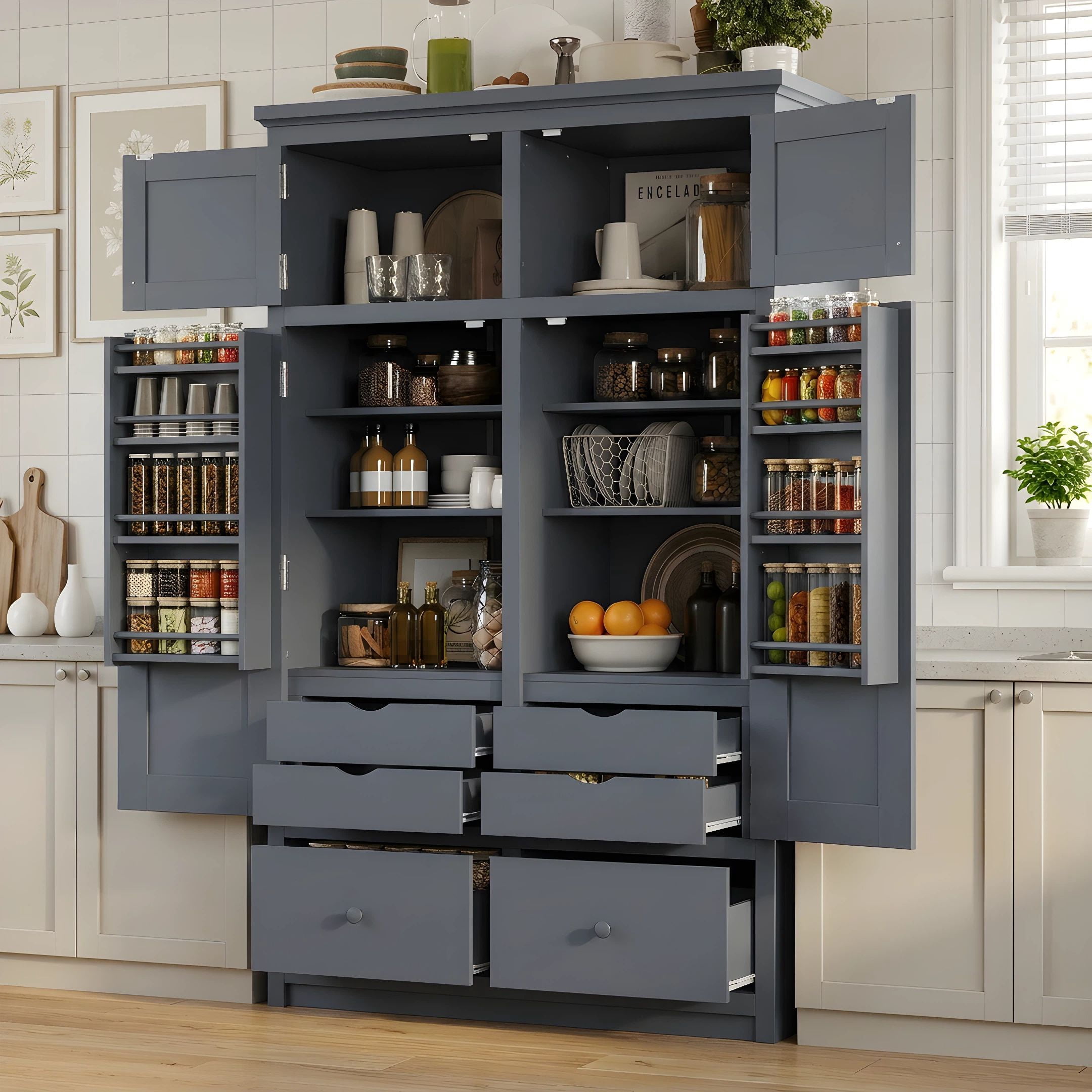 Euroco 74.8" Tall Kitchen Pantry Cabinet with 6 Drawers, Freestanding Storage Cabinet with 8 Door Shelves & 4 Pull-out Trays, Kitchen Hutch Cabinet for Dining Room,Grey