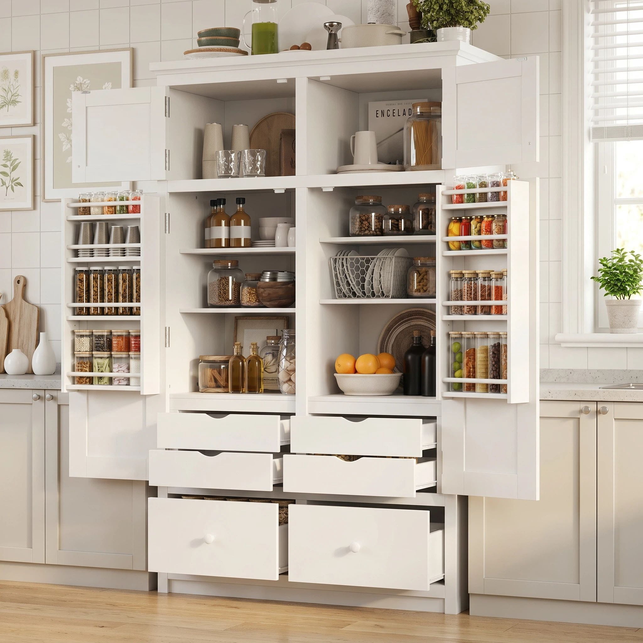 Euroco 74.8" Tall Kitchen Pantry Cabinet with 6 Drawers, Freestanding Storage Cabinet with 8 Door Shelves & 4 Pull-out Trays, Kitchen Hutch Cabinet for Dining Room,White