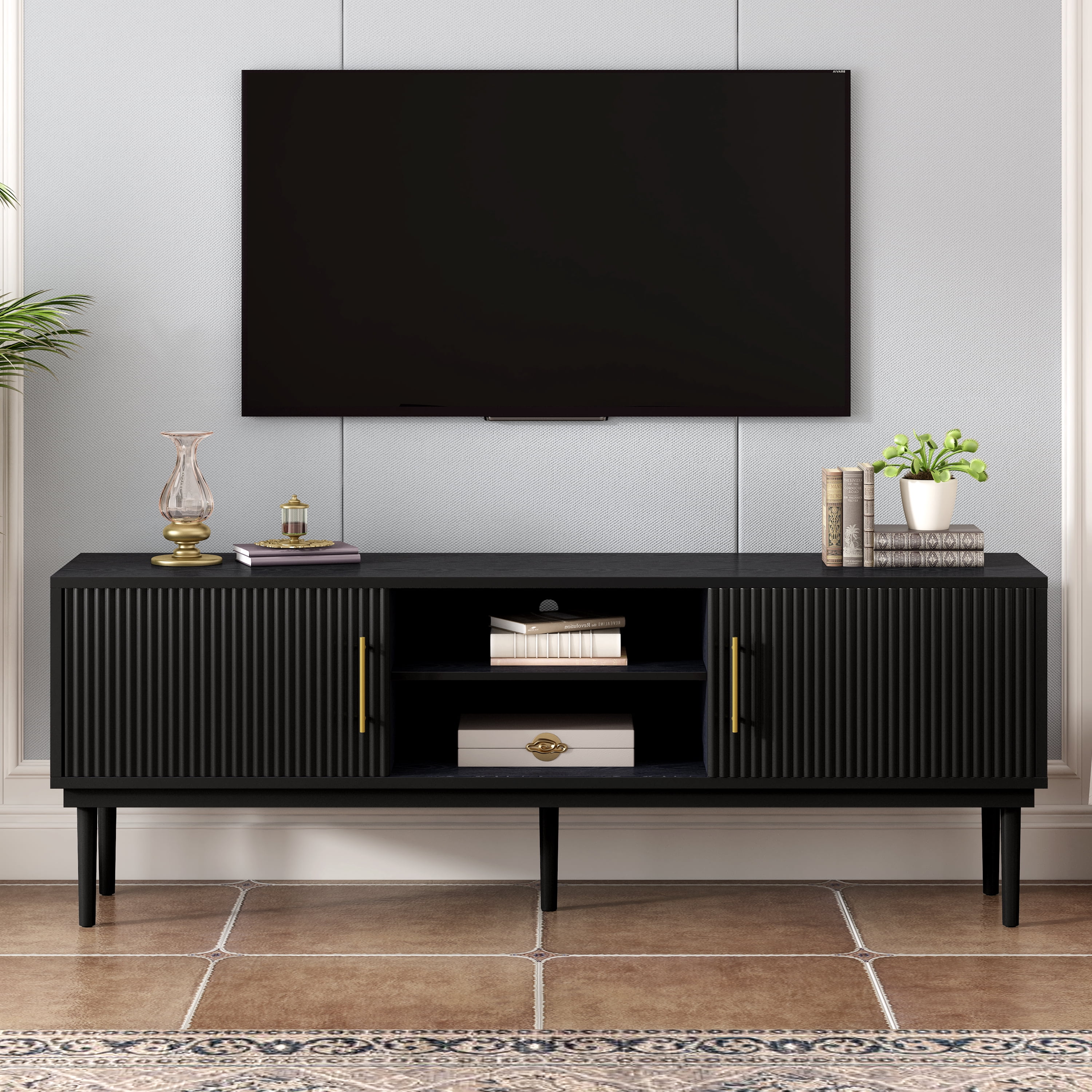 Euroco 74.9" TV Stand with Sliding Doors and 2 Storage Cabinets,Modern Entertainment Center & Media Console for TVs up to 80",Versatile for Any Decor Style,Black