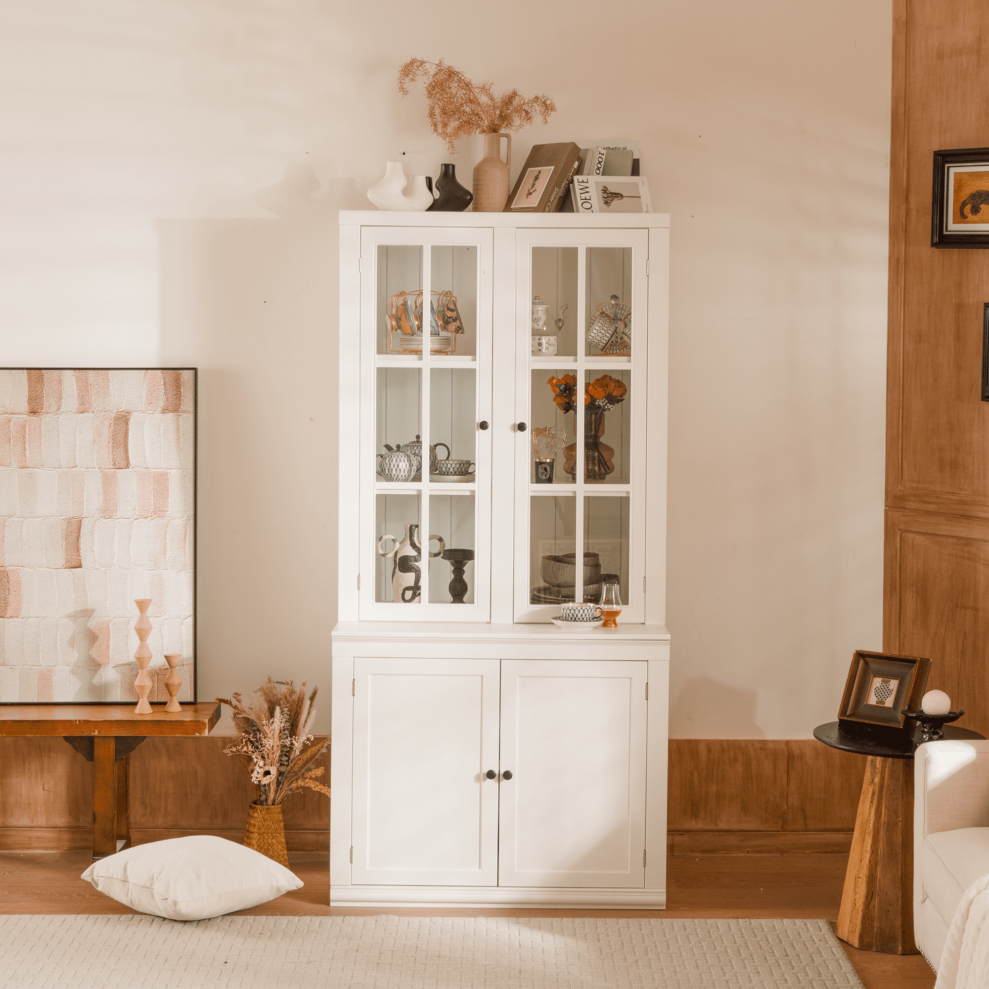 Euroco 75.25''H 36.25''W Freestanding Pantry Cabinet with Glass Door, Farmhouse Display Cabinets with Storage, Hutch with Lattice Window for Hallways, Livingroom Kitchen & Office,White