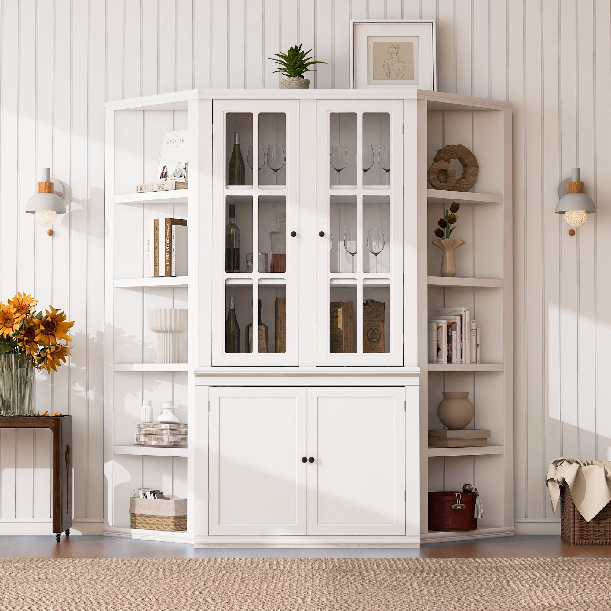 Euroco 75.25'' Tall Display Cabinet and Two Triangle Sided Bookshelves, 69.25'' Wide Retro Style Wall Suit with Glass Doors, for Hallways, Living room, Office, Studio or Workspace - White