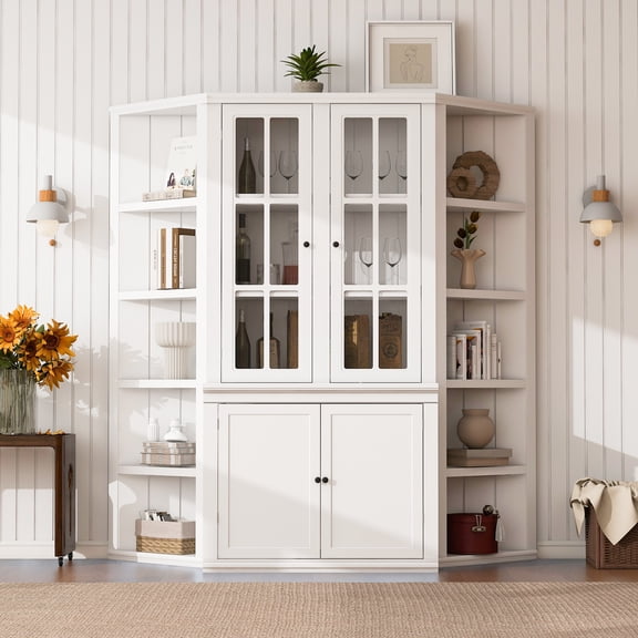 Euroco 75.25'' Tall Display Cabinet and Two Triangle Sided Bookshelves, 69.25'' Wide Retro Style Wall Suit with Glass Doors, for Hallways, Living room, Office, Studio or Workspace - White