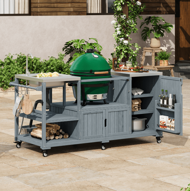 Euroco 75.4" Outdoor Kitchen Island with Sink, Solid Wood Outdoor Grill Cart for Big Green Egg Grills, Rolling Outdoor Bar Cart with Stainless Steel Top, for Pizza Prep & BBQ