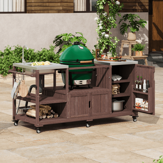 Euroco 75.4" Outdoor Kitchen Island with Sink, Solid Wood Outdoor Grill Cart for Big Green Egg Grills, Rolling Outdoor Bar Cart with Stainless Steel Top, for Pizza Prep & BBQ