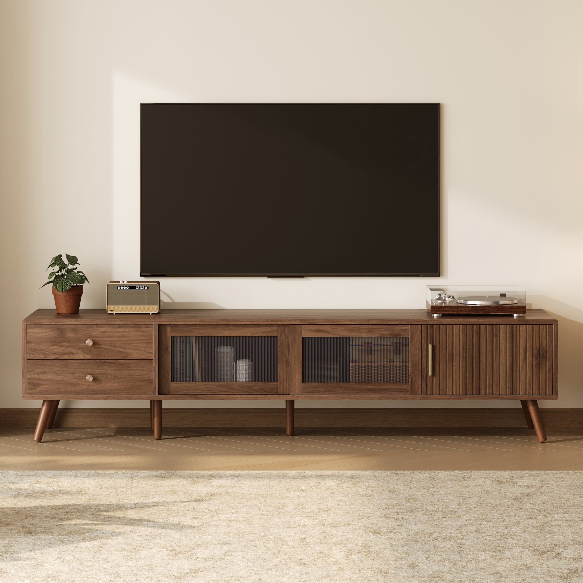 Euroco 76" Modern Minimal Glass-Doors TV Stand for TVs up to 85 Inches, Wood-Grain Entertainment Center with Storage Cabinets, TV Media Console Table for Living Room, Bedroom