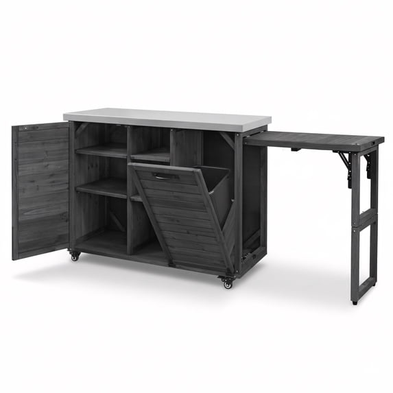Euroco 78.3" Outdoor Kitchen Island with Foldable Grill Table, Wooden Outdoor Grill Cart with Trash Can Storage & Stainless Steel Top, Outdoor Bar Cart, Pizza Oven Table