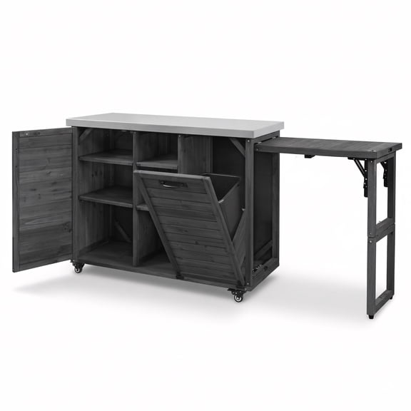 Euroco 78.3" Outdoor Kitchen Island with Foldable Grill Table, Wooden Outdoor Grill Cart with Trash Can Storage & Stainless Steel Top, Outdoor Bar Cart, Pizza Oven Table