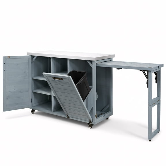 Euroco 78.3" Outdoor Kitchen Island with Foldable Grill Table, Wooden Outdoor Grill Cart with Trash Can Storage & Stainless Steel Top, Outdoor Bar Cart, Pizza Oven Table